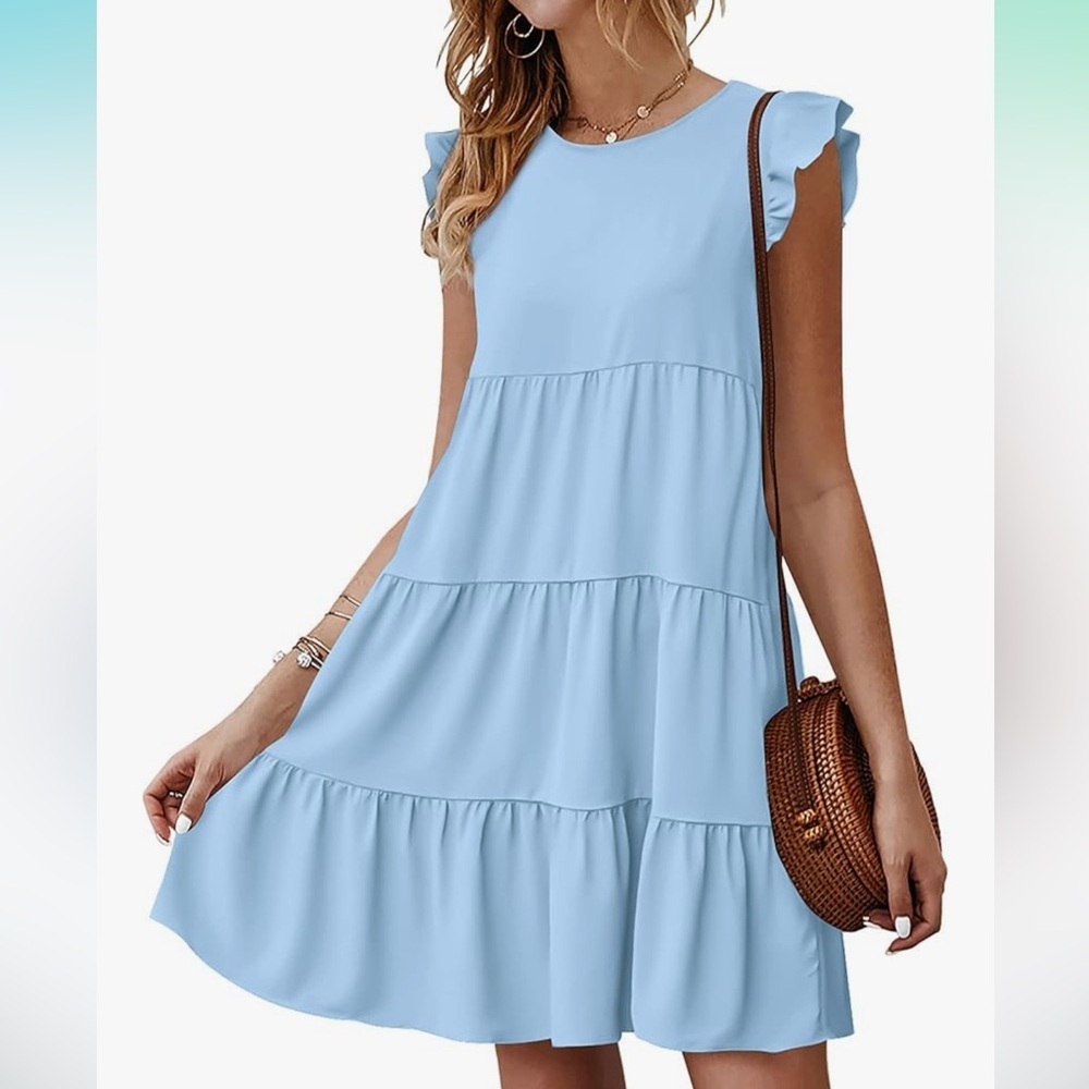 Kirundo Elegant Sky Blue Tiered Mini Dress flutter sleeve Medium